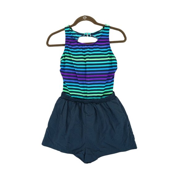Orvis Swimsuit Women's 12 One Piece Striped Multicolor Shorts Tank Ribbed Modest - Picture 1 of 5